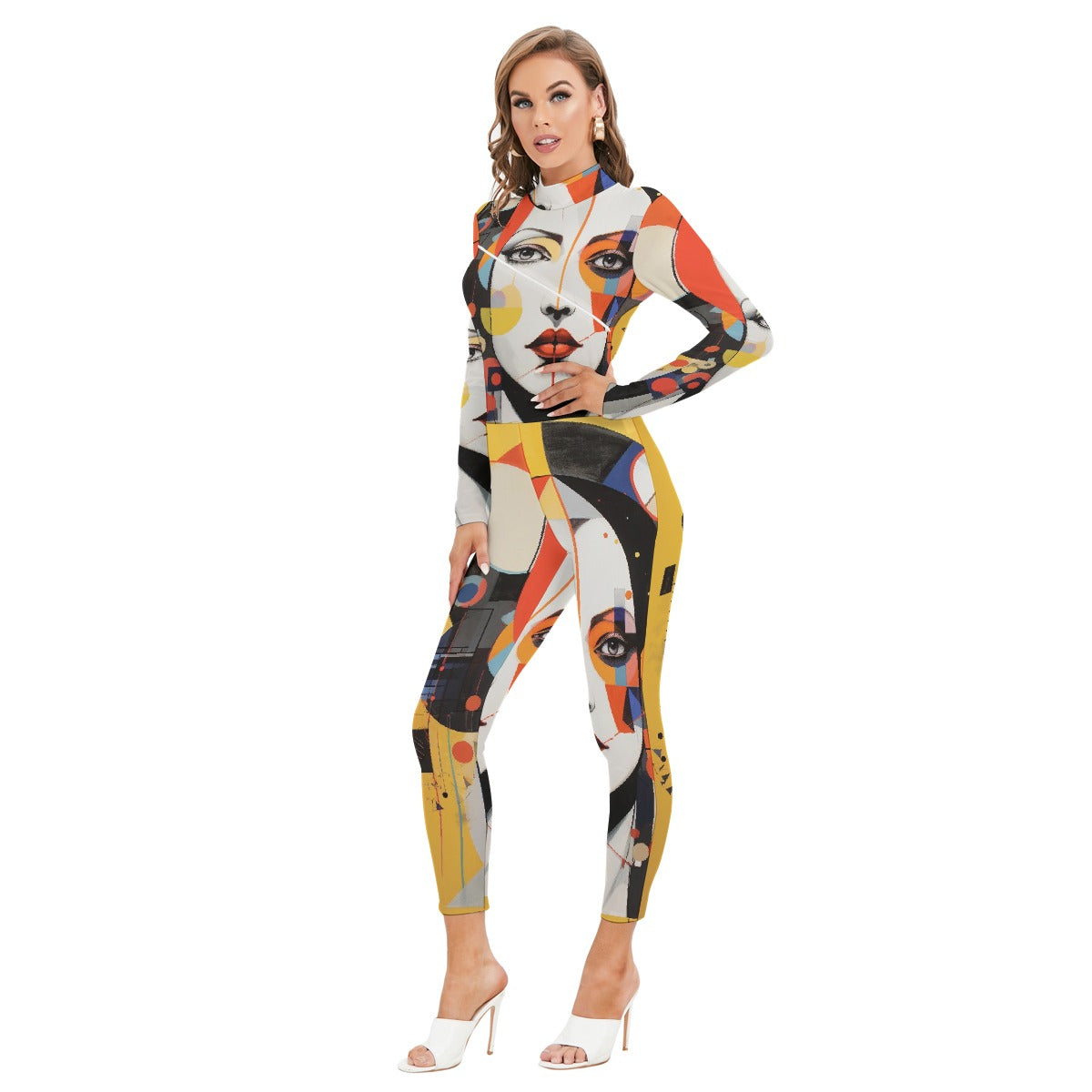 All-Over Print Women's Long-sleeved High-neck Jumpsuit With Zipper