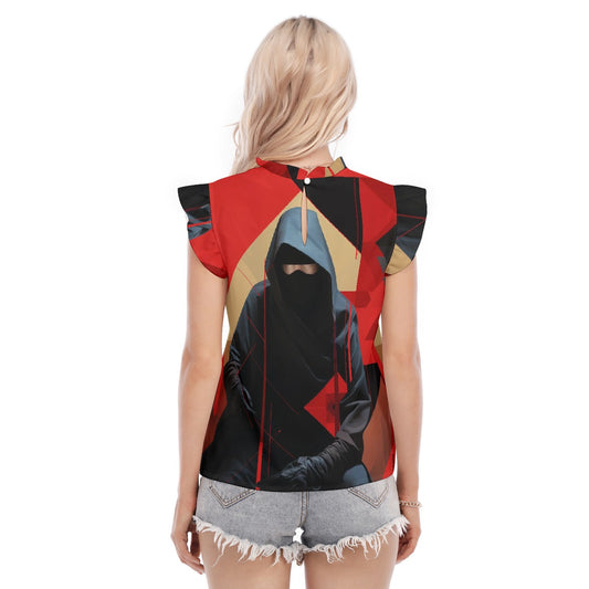 All-Over Print Women's Blouse With Ruffle Collar And Sleeve