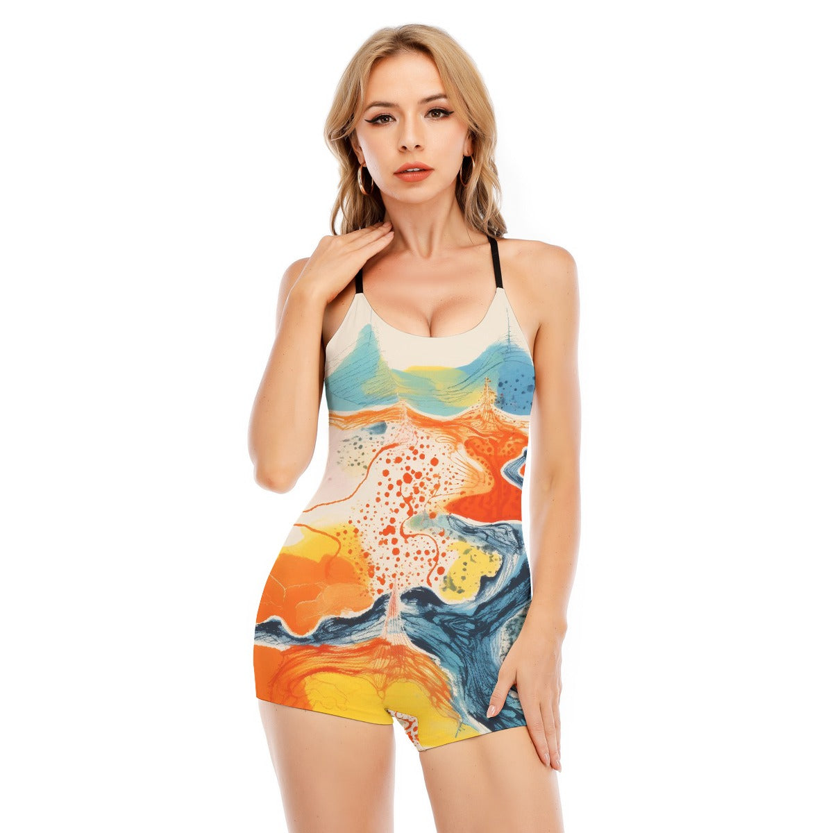 All-Over Print Women's Backless Romper With Black Straps