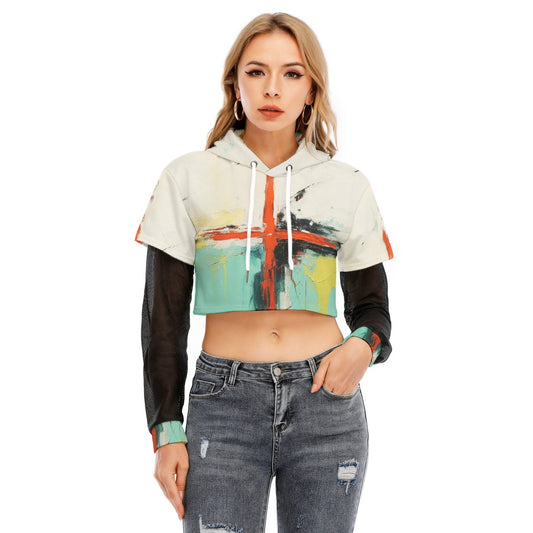 All-Over Print Women's Fake Two-piece Mesh Sleeve Cropped Hoodie