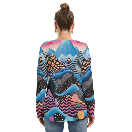 All-Over Print Women's Long Sleeve Neckline Tie Sweatshirt