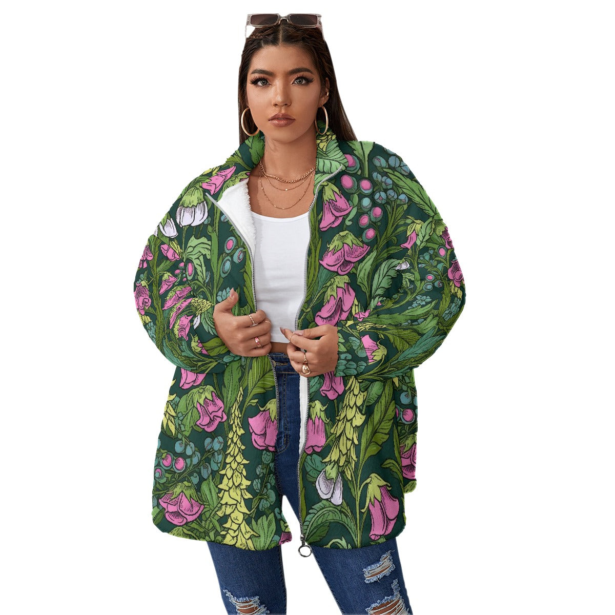 All-Over Print Unisex Borg Fleece Stand-up Collar Coat With Zipper Closure(Plus Size)