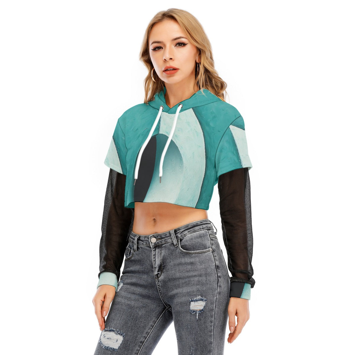 All-Over Print Women's Fake Two-piece Mesh Sleeve Cropped Hoodie