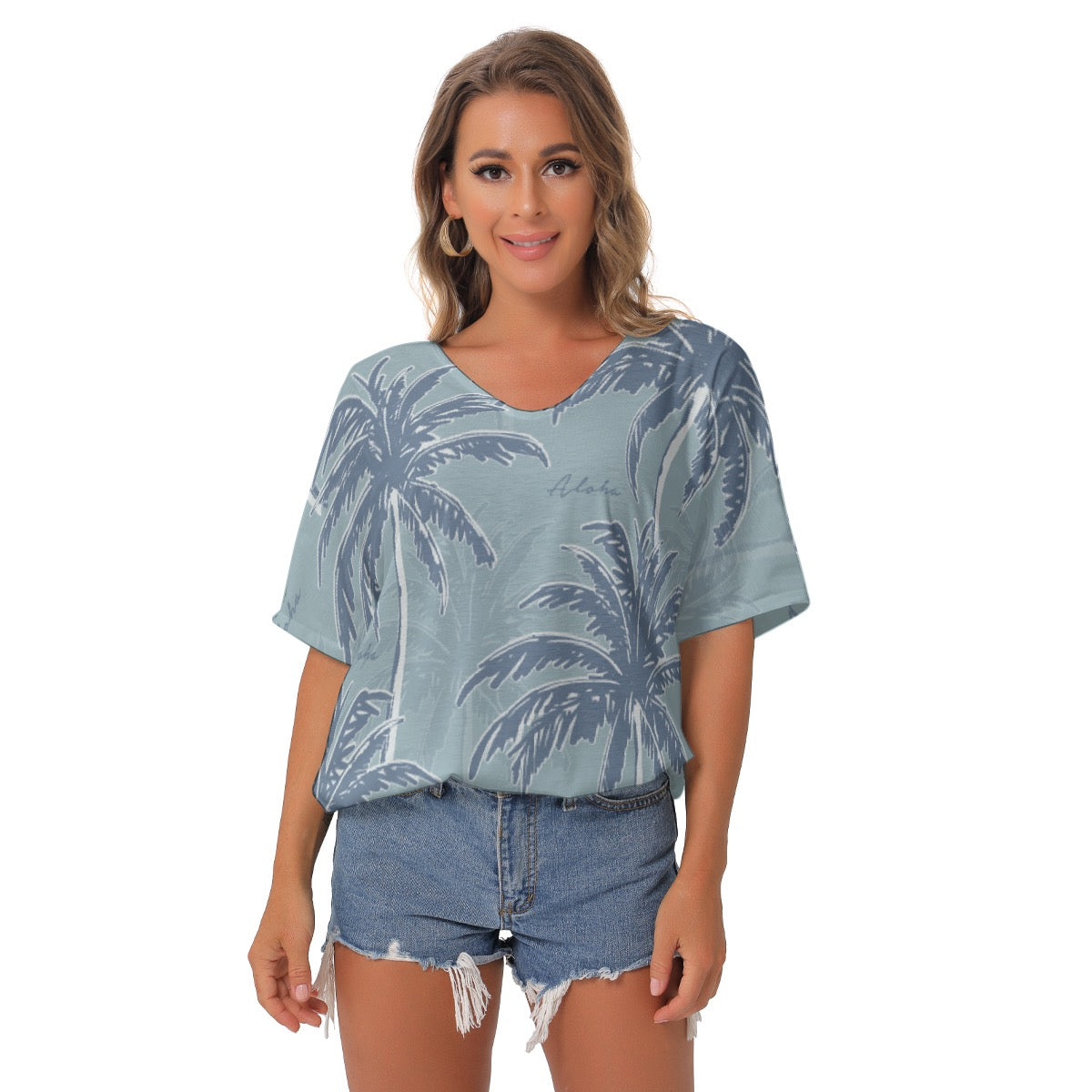 All-Over Print Women's Bat Sleeves V-Neck Blouse