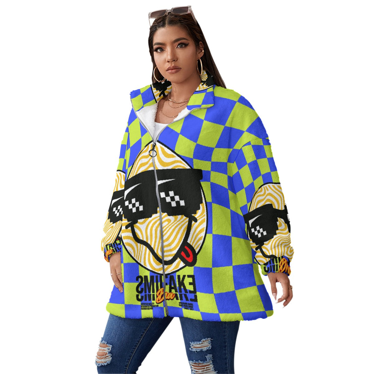 All-Over Print Unisex Borg Fleece Stand-up Collar Coat With Zipper Closure(Plus Size)