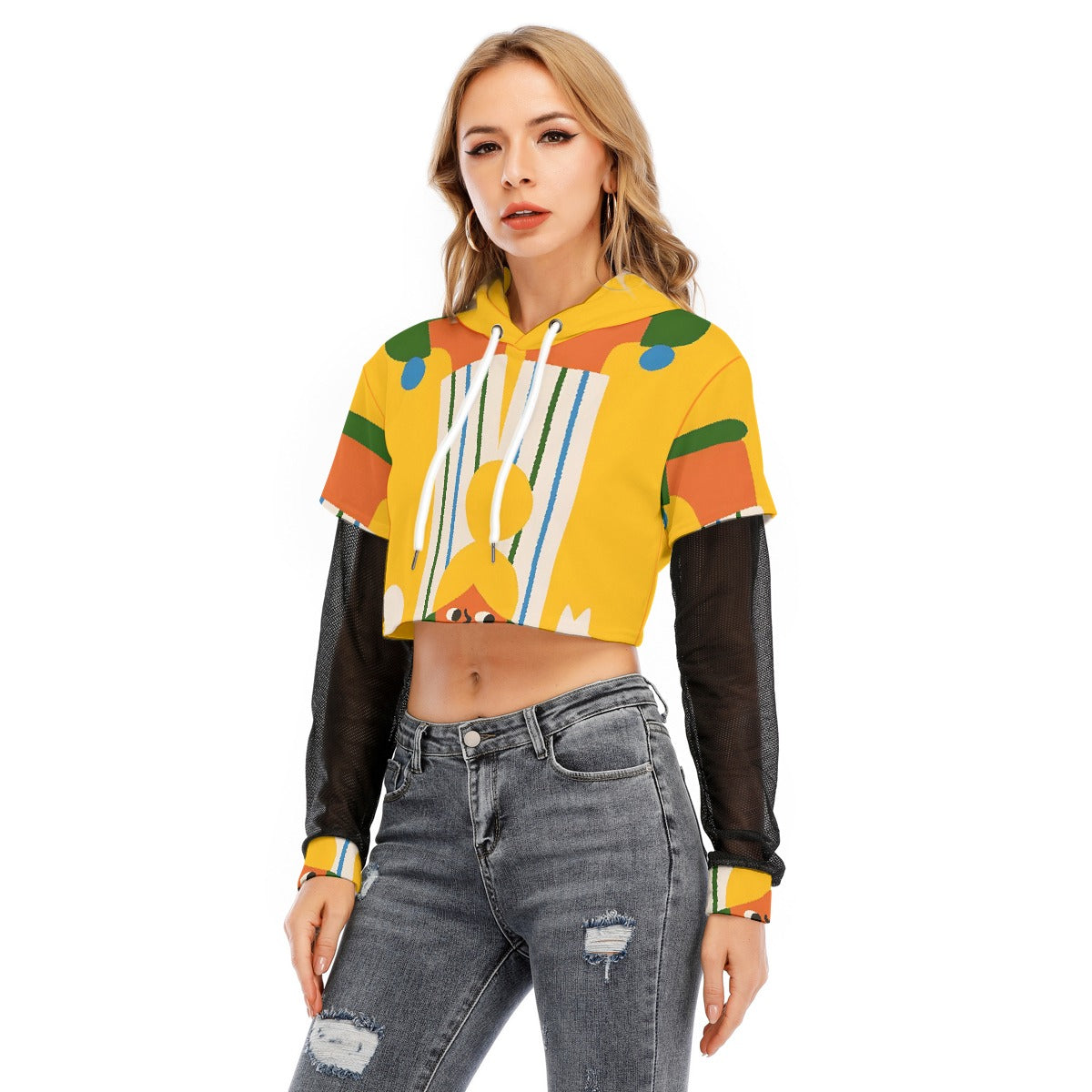 All-Over Print Women's Fake Two-piece Mesh Sleeve Cropped Hoodie
