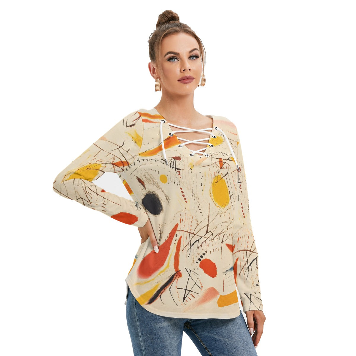 All-Over Print Women's Long Sleeve Neckline Tie Sweatshirt
