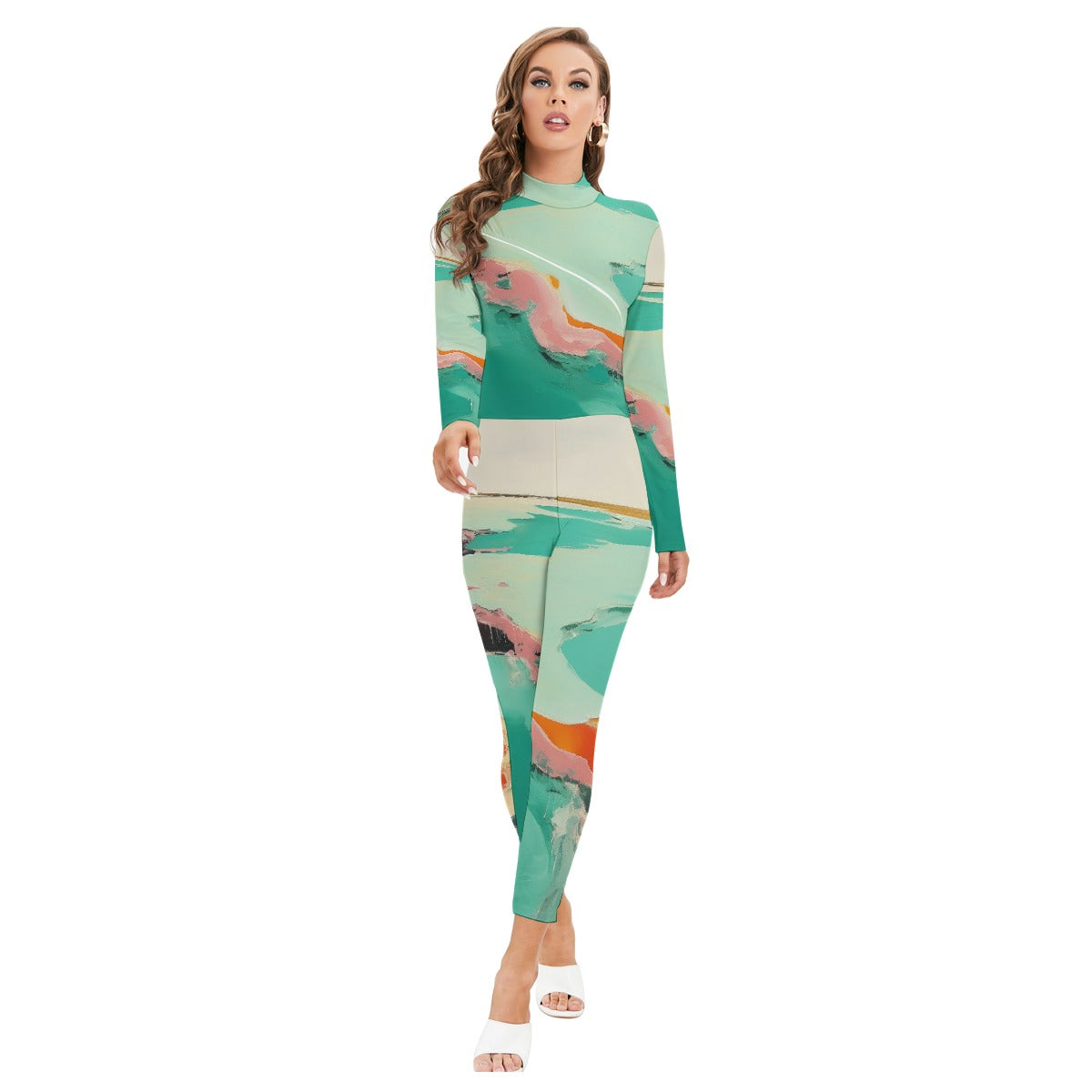 All-Over Print Women's Long-sleeved High-neck Jumpsuit With Zipper