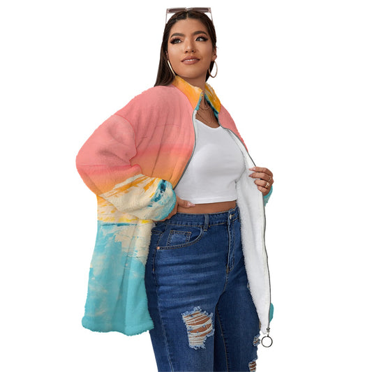 All-Over Print Unisex Borg Fleece Stand-up Collar Coat With Zipper Closure(Plus Size)