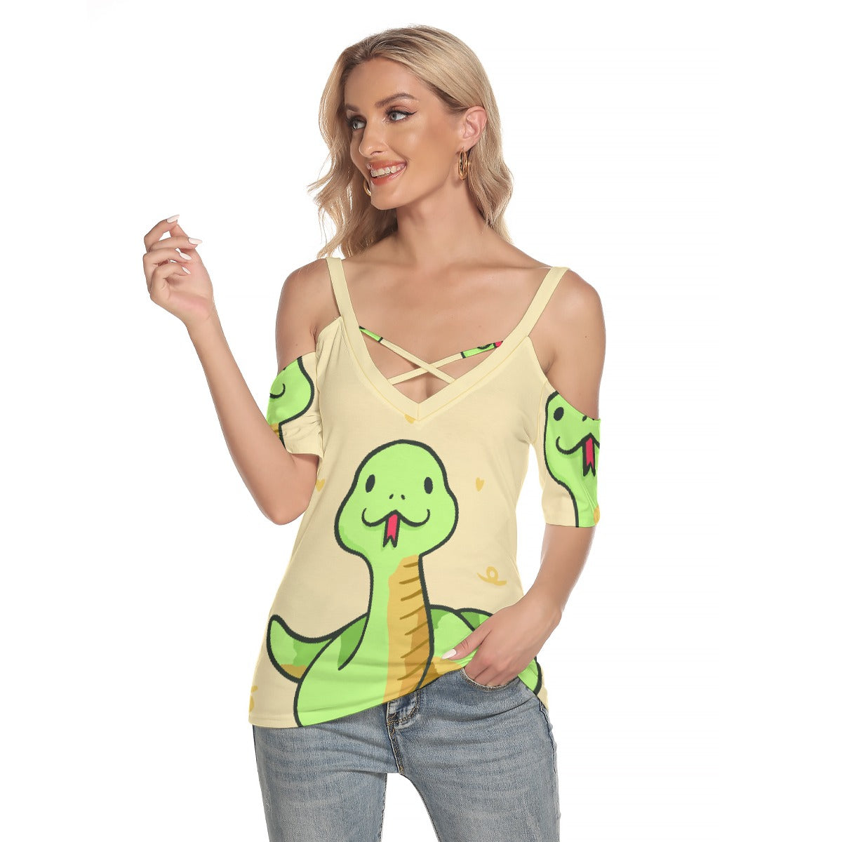 All-Over Print Women's Cold Shoulder T-shirt With Criss Cross Strips