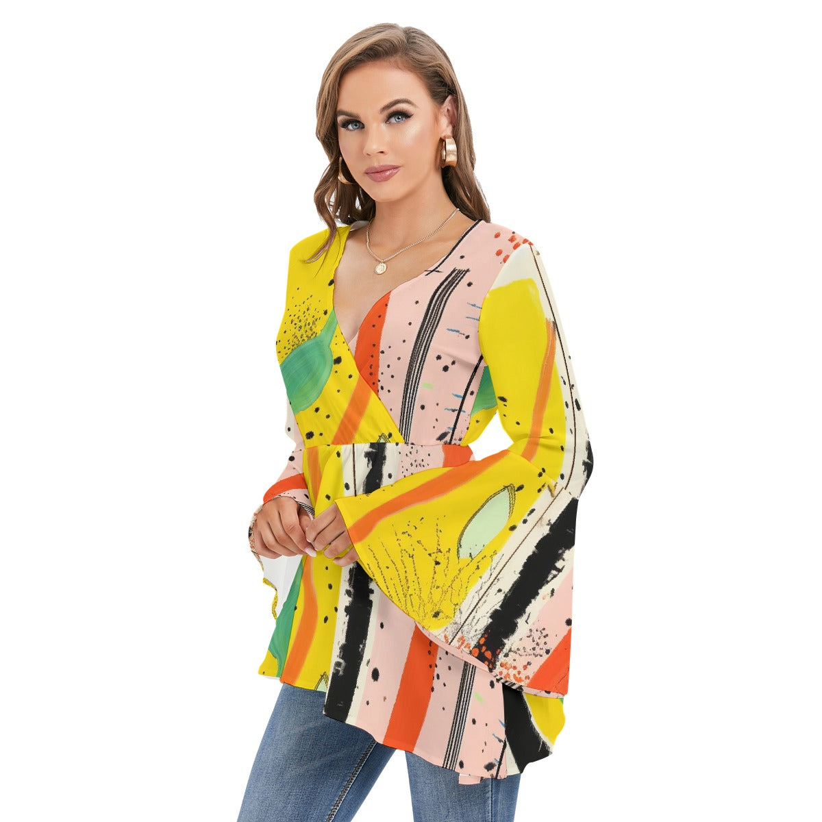 All-Over Print Women's V-neck Blouse With Flared Sleeves