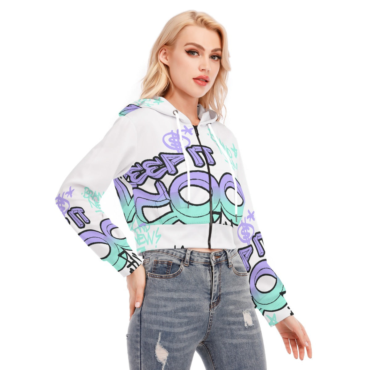 All-Over Print Women's Crop Top Hoodie With Zipper Closure