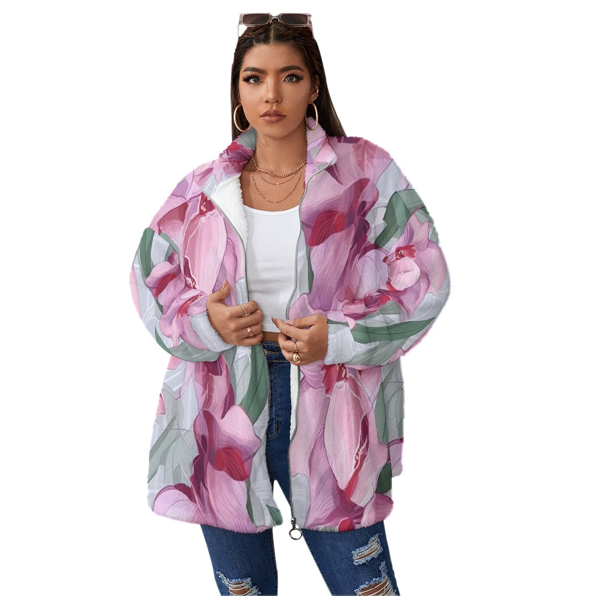 All-Over Print Unisex Borg Fleece Stand-up Collar Coat With Zipper Closure(Plus Size)