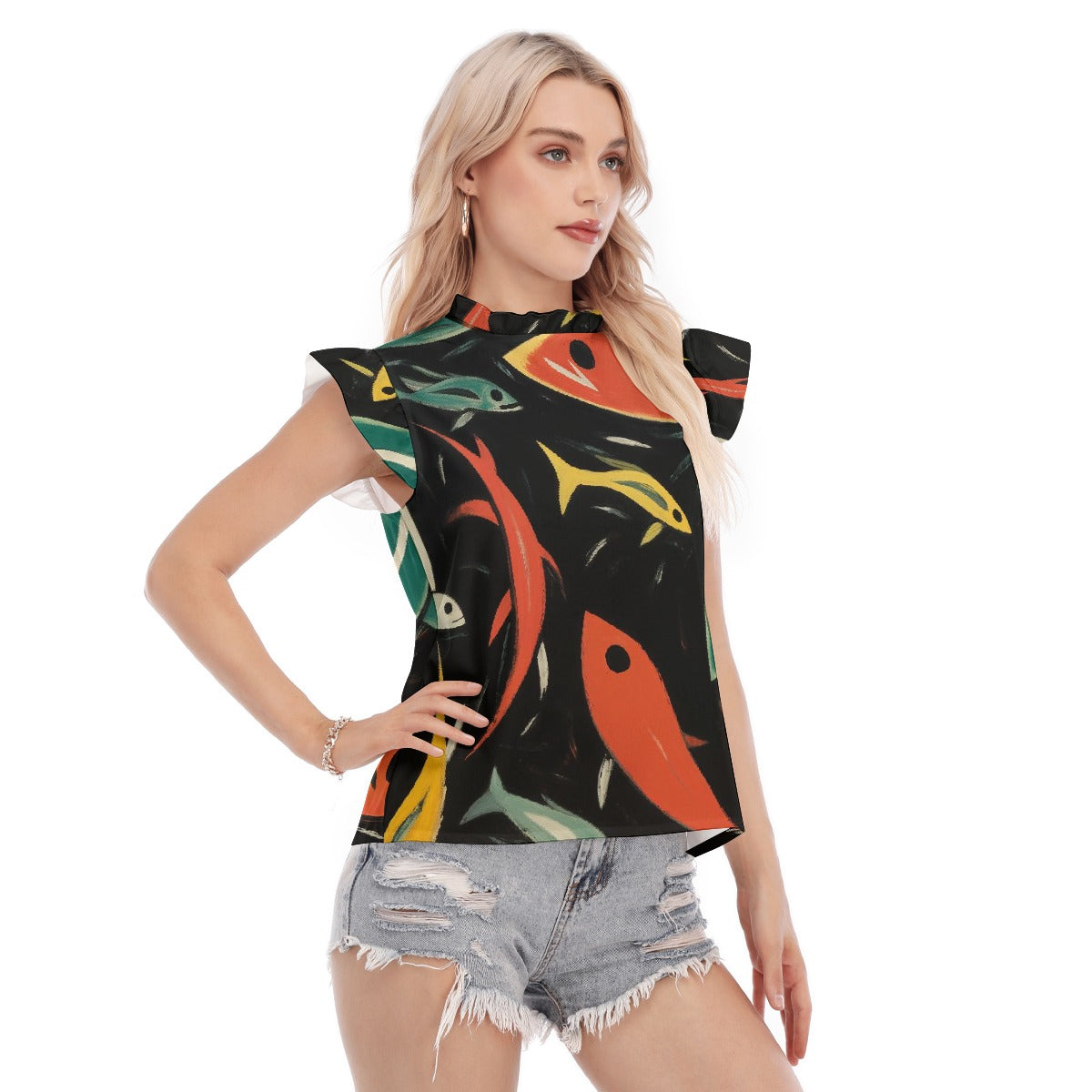 All-Over Print Women's Blouse With Ruffle Collar And Sleeve