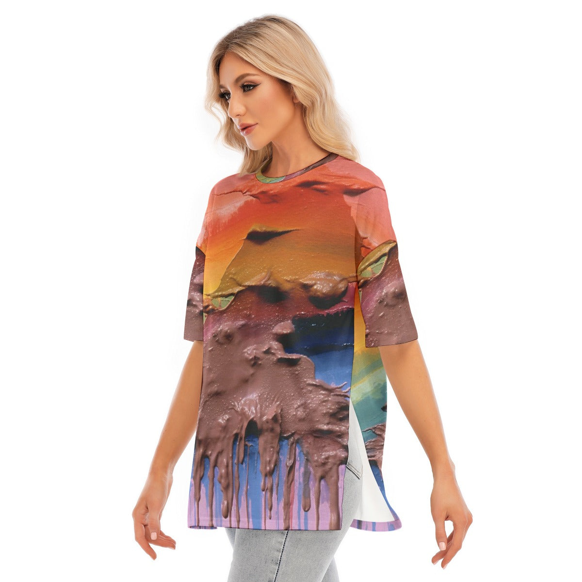 All-Over Print Women's Short Sleeves T-shirt With Hem Split