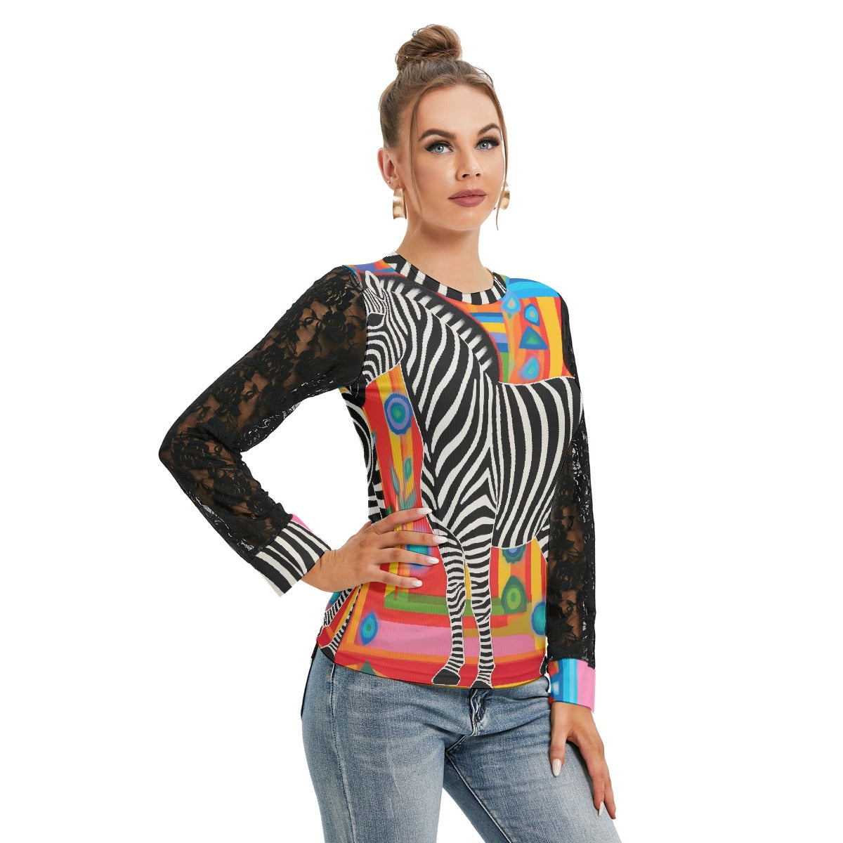 All-Over Print Women's T-shirt And Sleeve With Black Lace