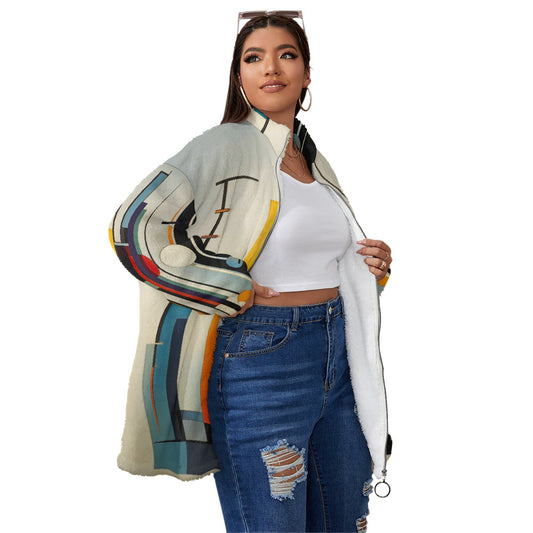 All-Over Print Unisex Borg Fleece Stand-up Collar Coat With Zipper Closure(Plus Size)