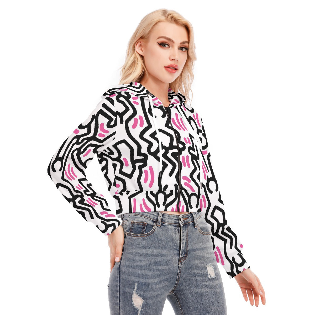 All-Over Print Women's Crop Top Hoodie With Zipper Closure