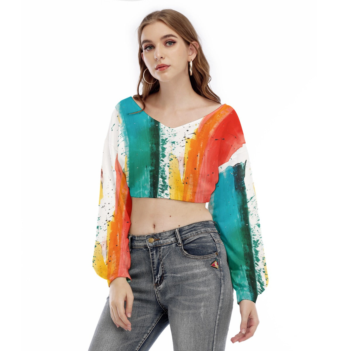 All-Over Print Women's V-neck Long Sleeve Cropped Sweatshirt
