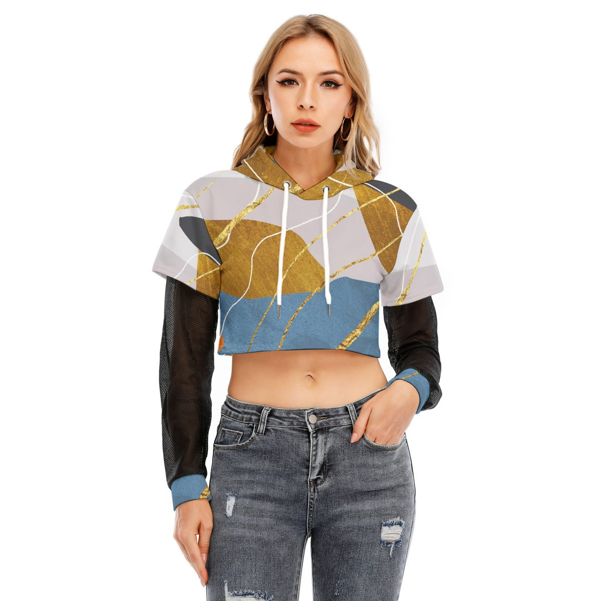 All-Over Print Women's Fake Two-piece Mesh Sleeve Cropped Hoodie