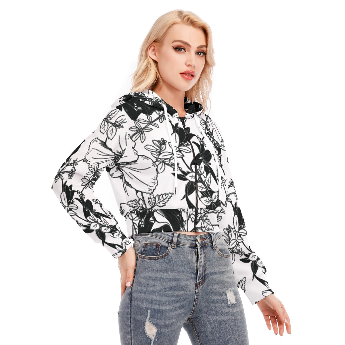 All-Over Print Women's Crop Top Hoodie With Zipper Closure