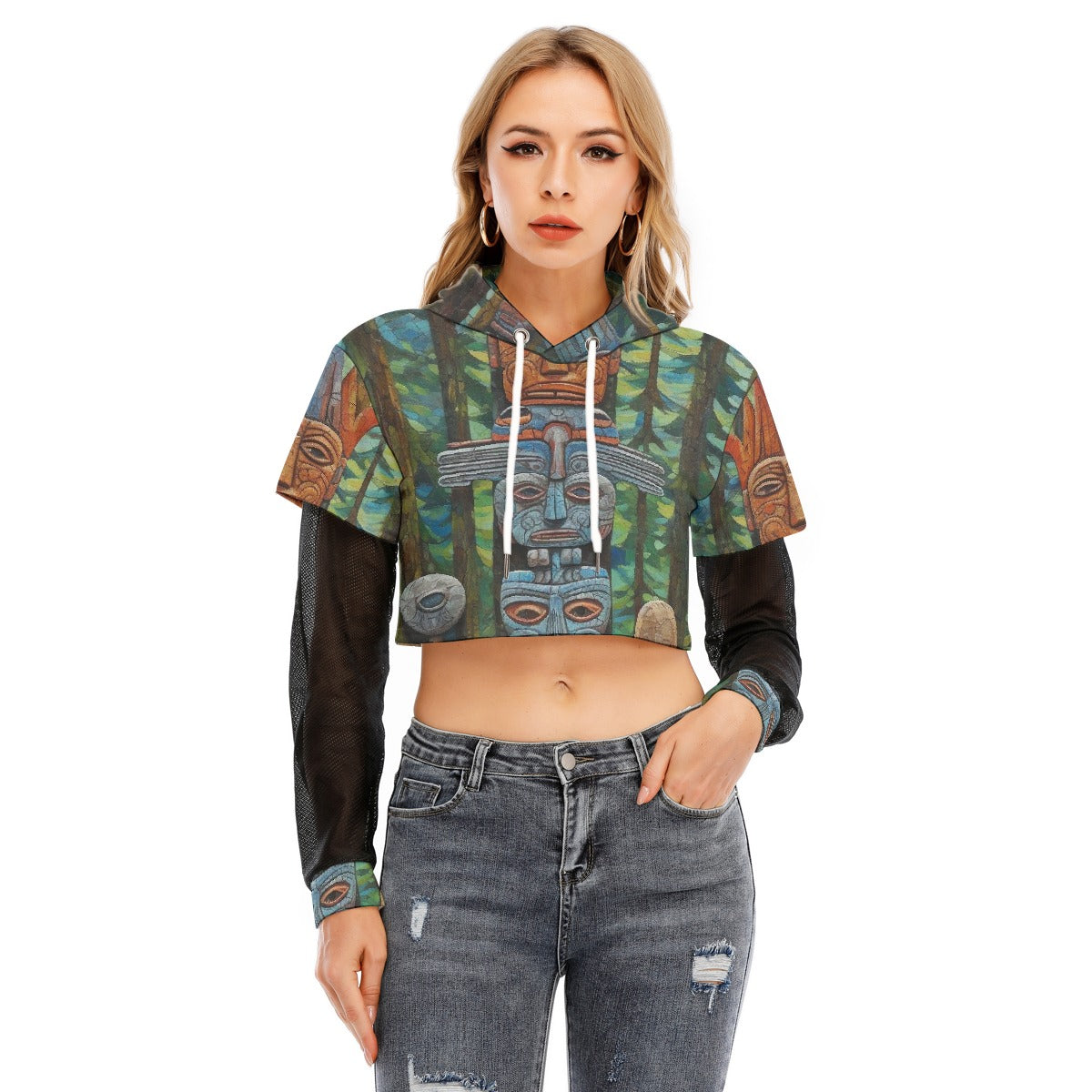 All-Over Print Women's Fake Two-piece Mesh Sleeve Cropped Hoodie