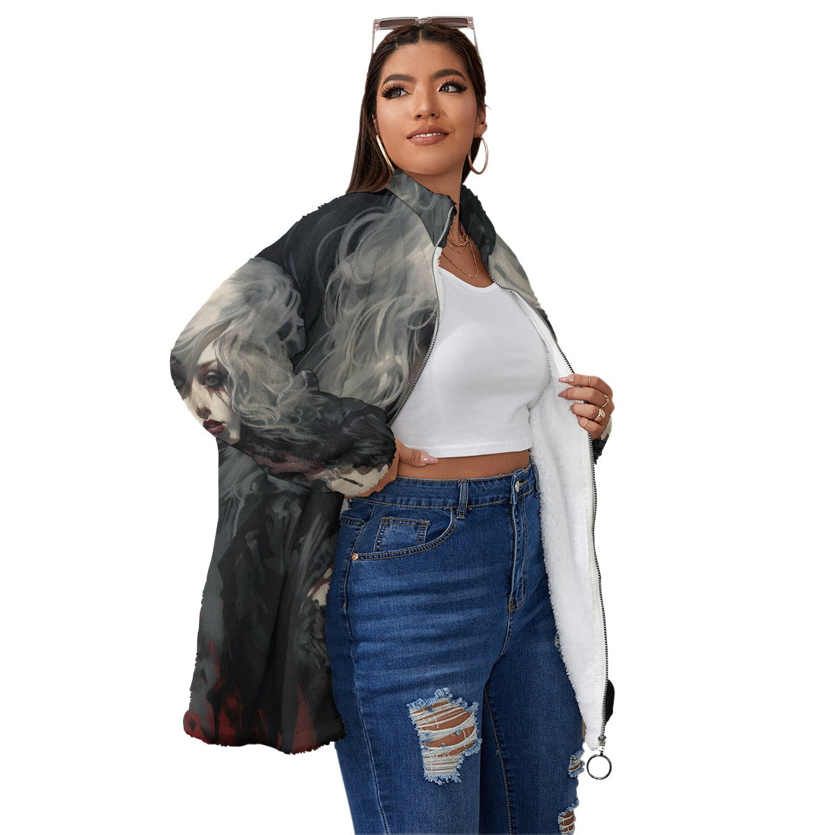 All-Over Print Unisex Borg Fleece Stand-up Collar Coat With Zipper Closure(Plus Size)