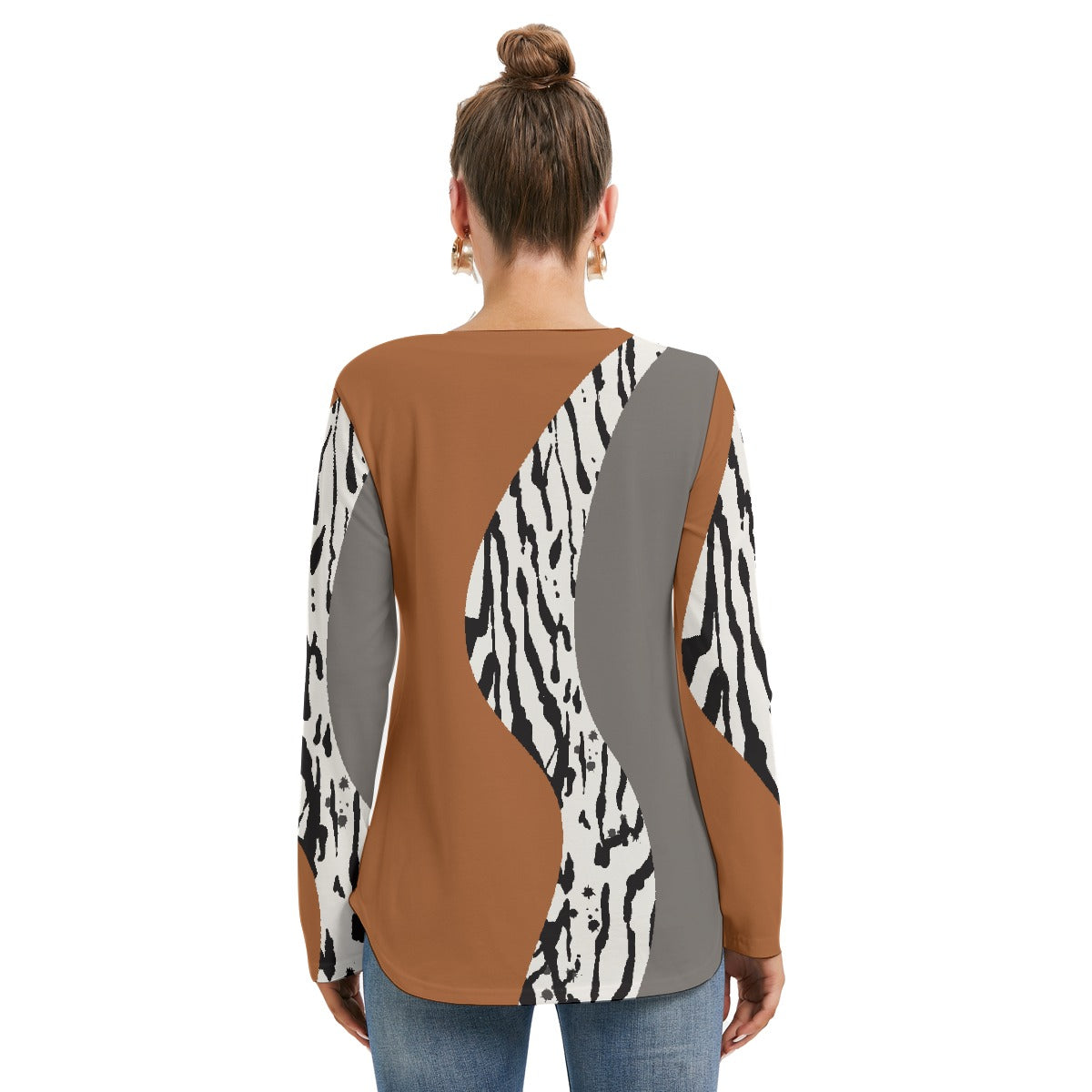 All-Over Print Women's Long Sleeve Neckline Tie Sweatshirt