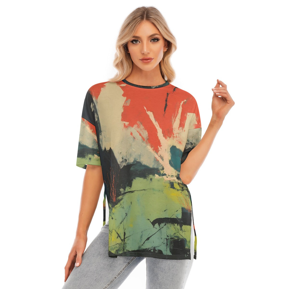 All-Over Print Women's Short Sleeves T-shirt With Hem Split