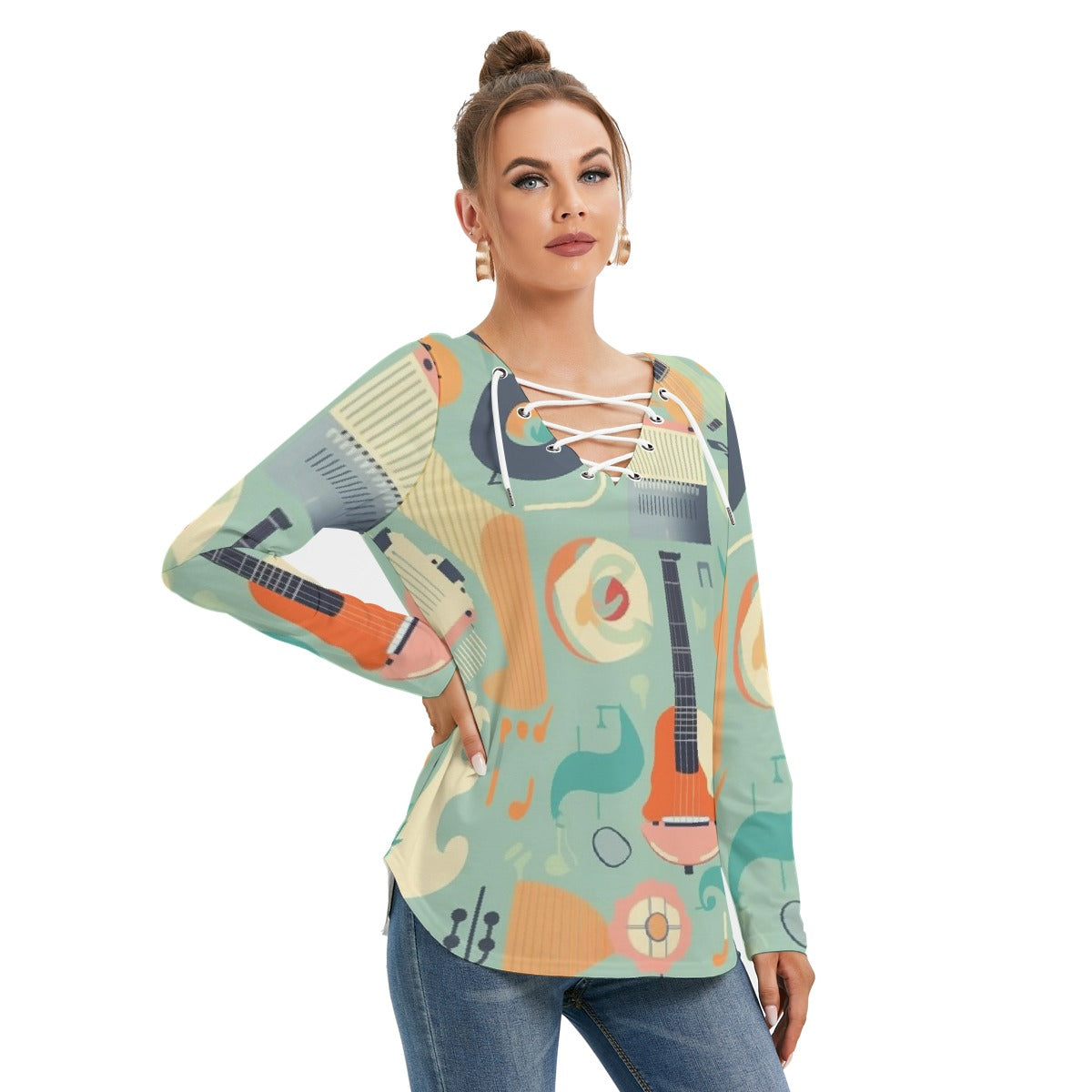 All-Over Print Women's Long Sleeve Neckline Tie Sweatshirt