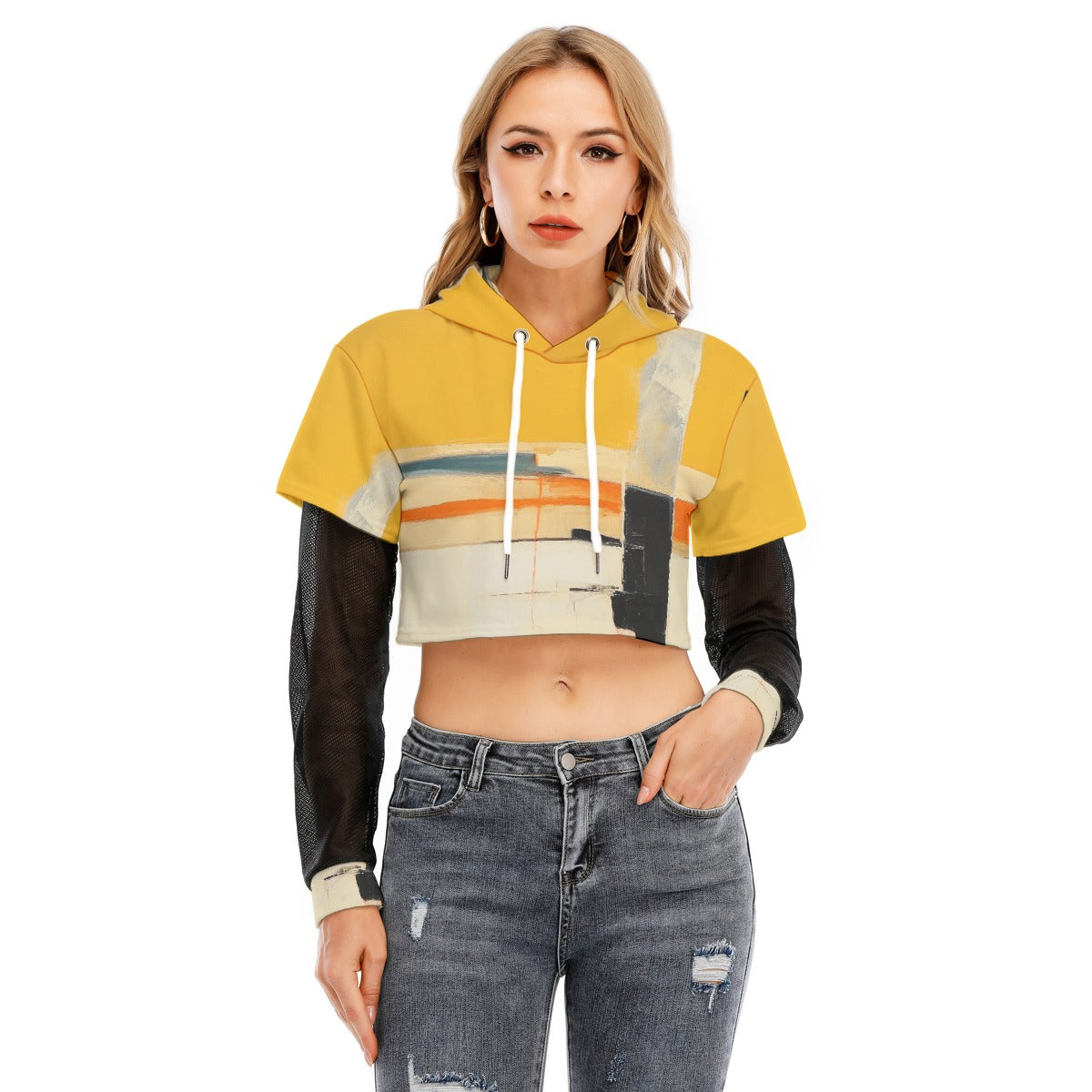 All-Over Print Women's Fake Two-piece Mesh Sleeve Cropped Hoodie