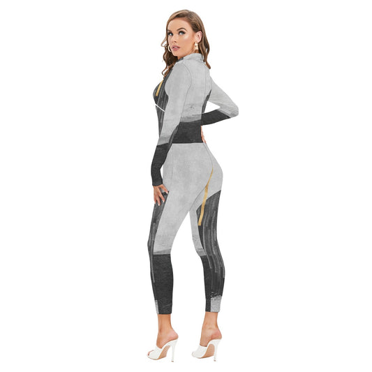 All-Over Print Women's Long-sleeved High-neck Jumpsuit With Zipper