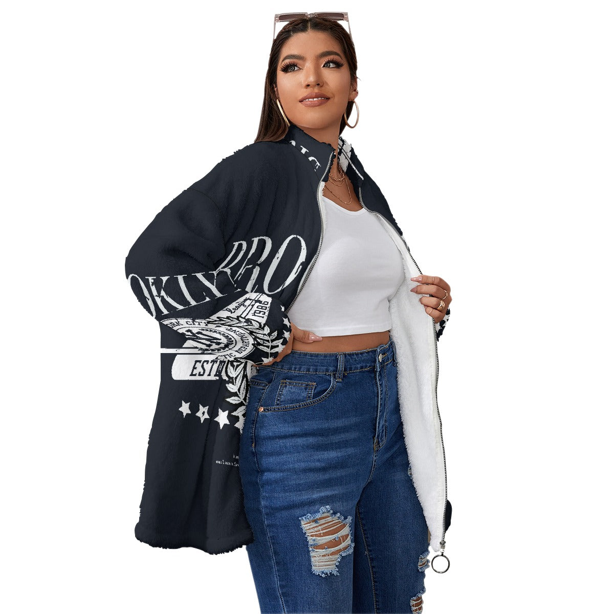 All-Over Print Unisex Borg Fleece Stand-up Collar Coat With Zipper Closure(Plus Size)