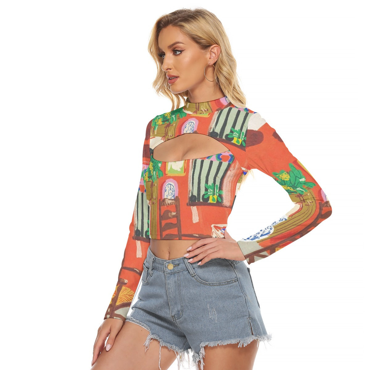 All-Over Print Women's Hollow Chest Keyhole Tight Crop Top