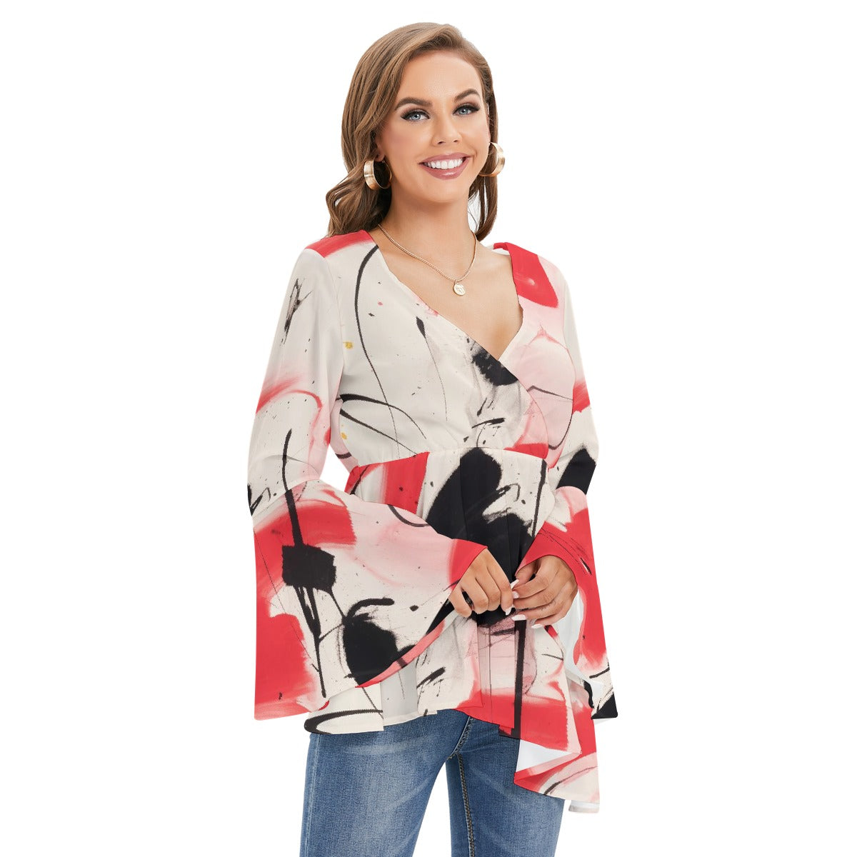 All-Over Print Women's V-neck Blouse With Flared Sleeves
