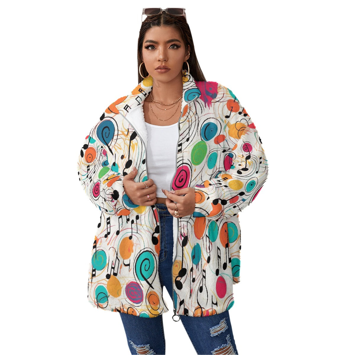 All-Over Print Unisex Borg Fleece Stand-up Collar Coat With Zipper Closure(Plus Size)