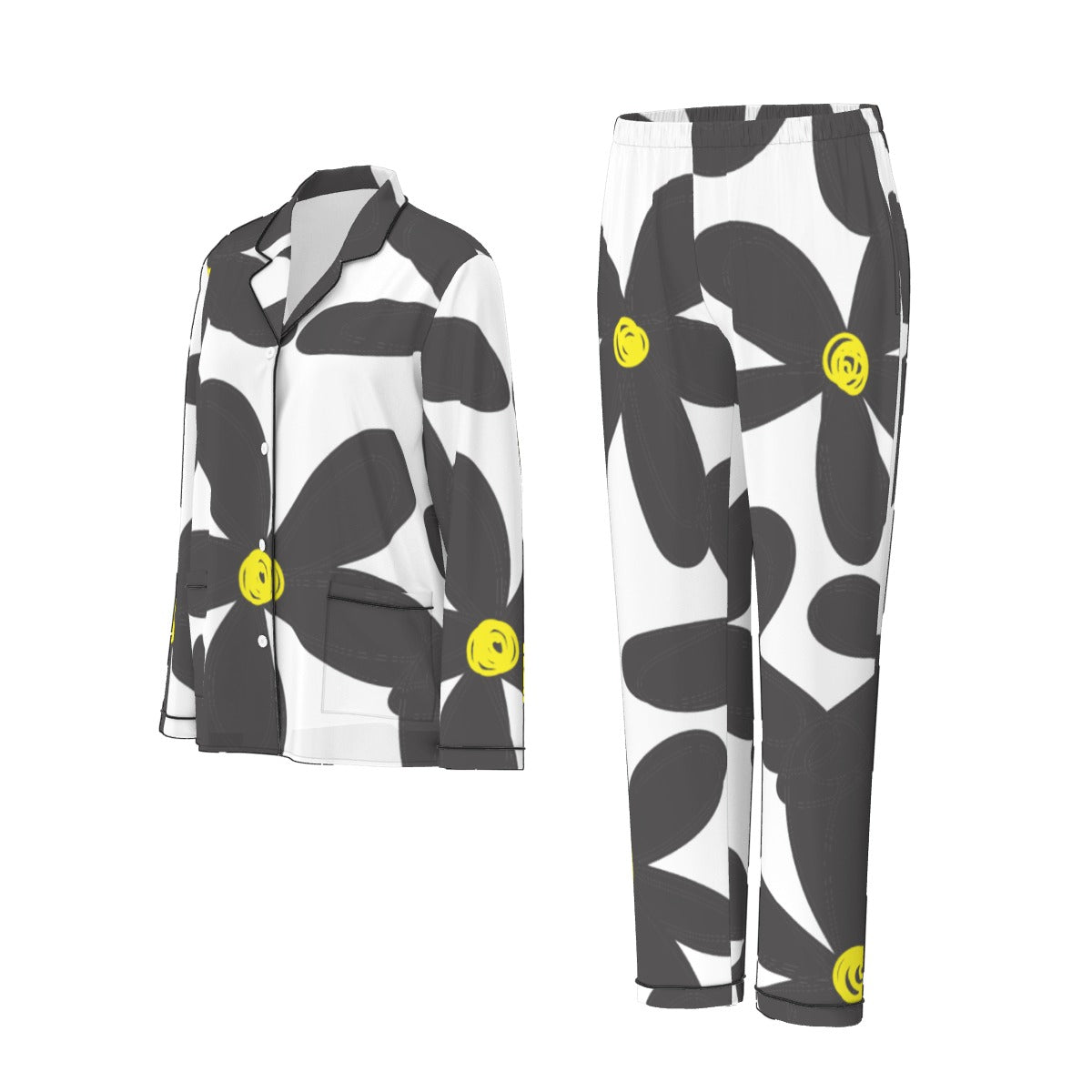 All-Over Print Women's Long Sleeve Pajama Set With Black Contrast Piping