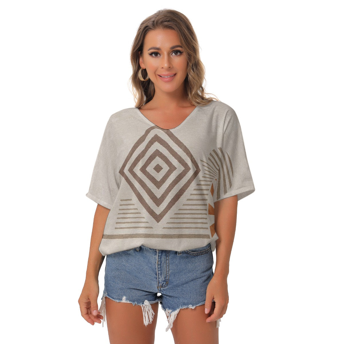 All-Over Print Women's Bat Sleeves V-Neck Blouse