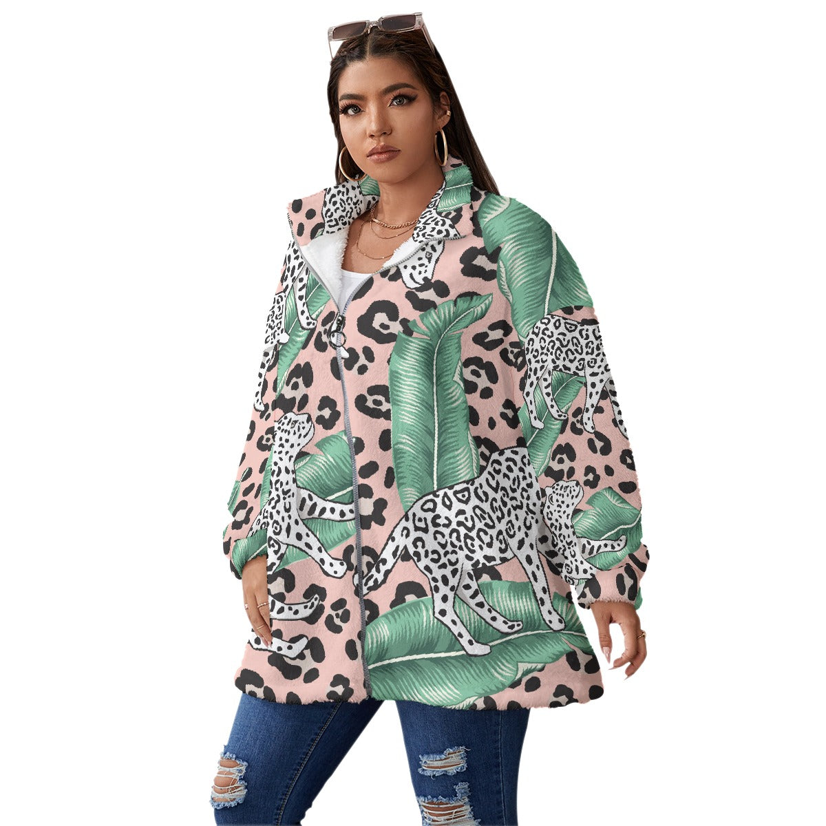 All-Over Print Unisex Borg Fleece Stand-up Collar Coat With Zipper Closure(Plus Size)