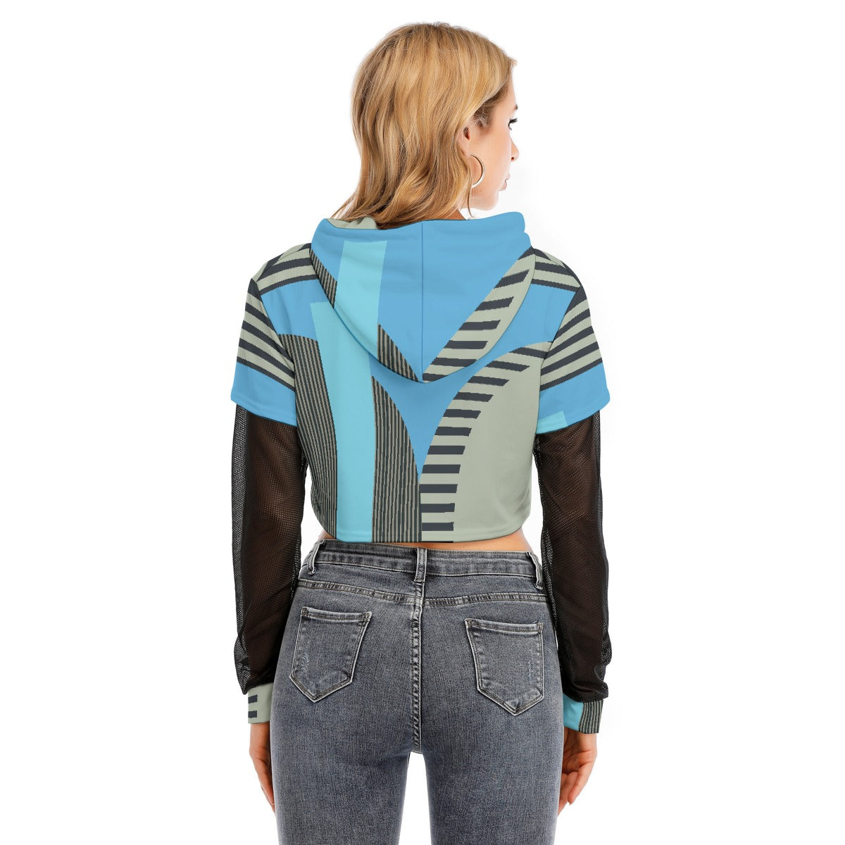 All-Over Print Women's Fake Two-piece Mesh Sleeve Cropped Hoodie