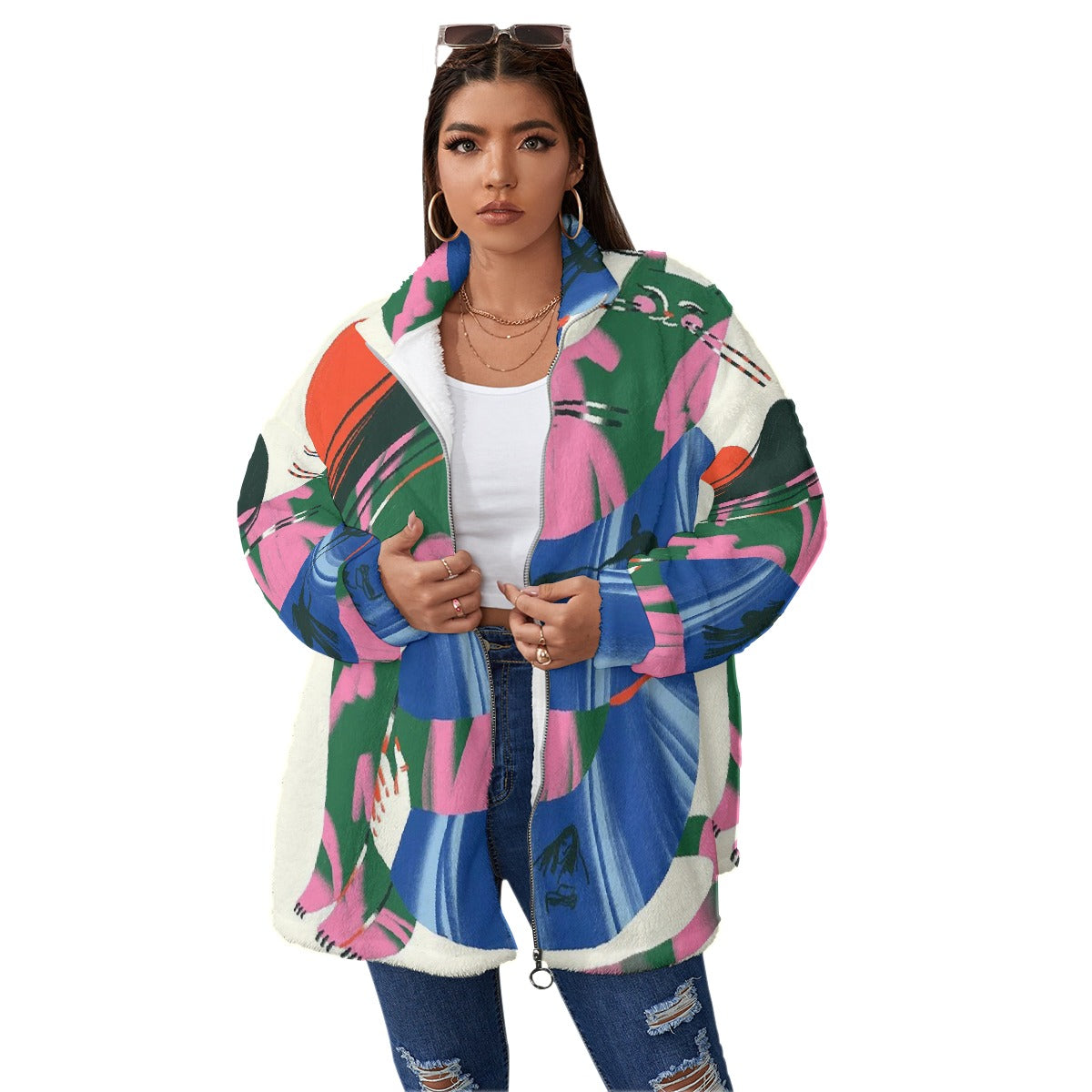 All-Over Print Unisex Borg Fleece Stand-up Collar Coat With Zipper Closure(Plus Size)