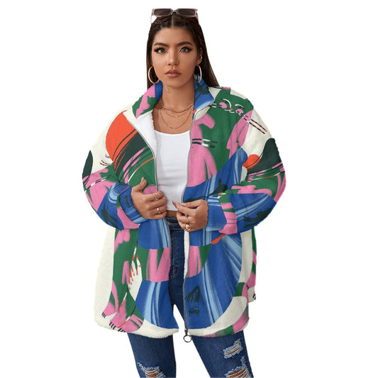 All-Over Print Unisex Borg Fleece Stand-up Collar Coat With Zipper Closure(Plus Size)