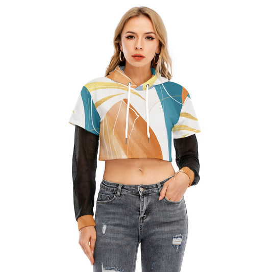 All-Over Print Women's Fake Two-piece Mesh Sleeve Cropped Hoodie