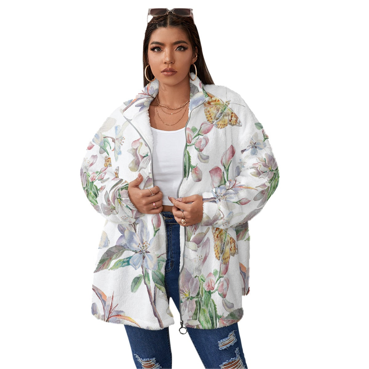 All-Over Print Unisex Borg Fleece Stand-up Collar Coat With Zipper Closure(Plus Size)