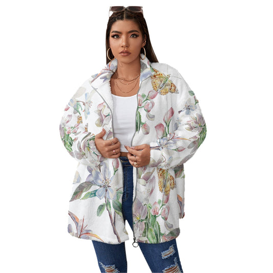 All-Over Print Unisex Borg Fleece Stand-up Collar Coat With Zipper Closure(Plus Size)