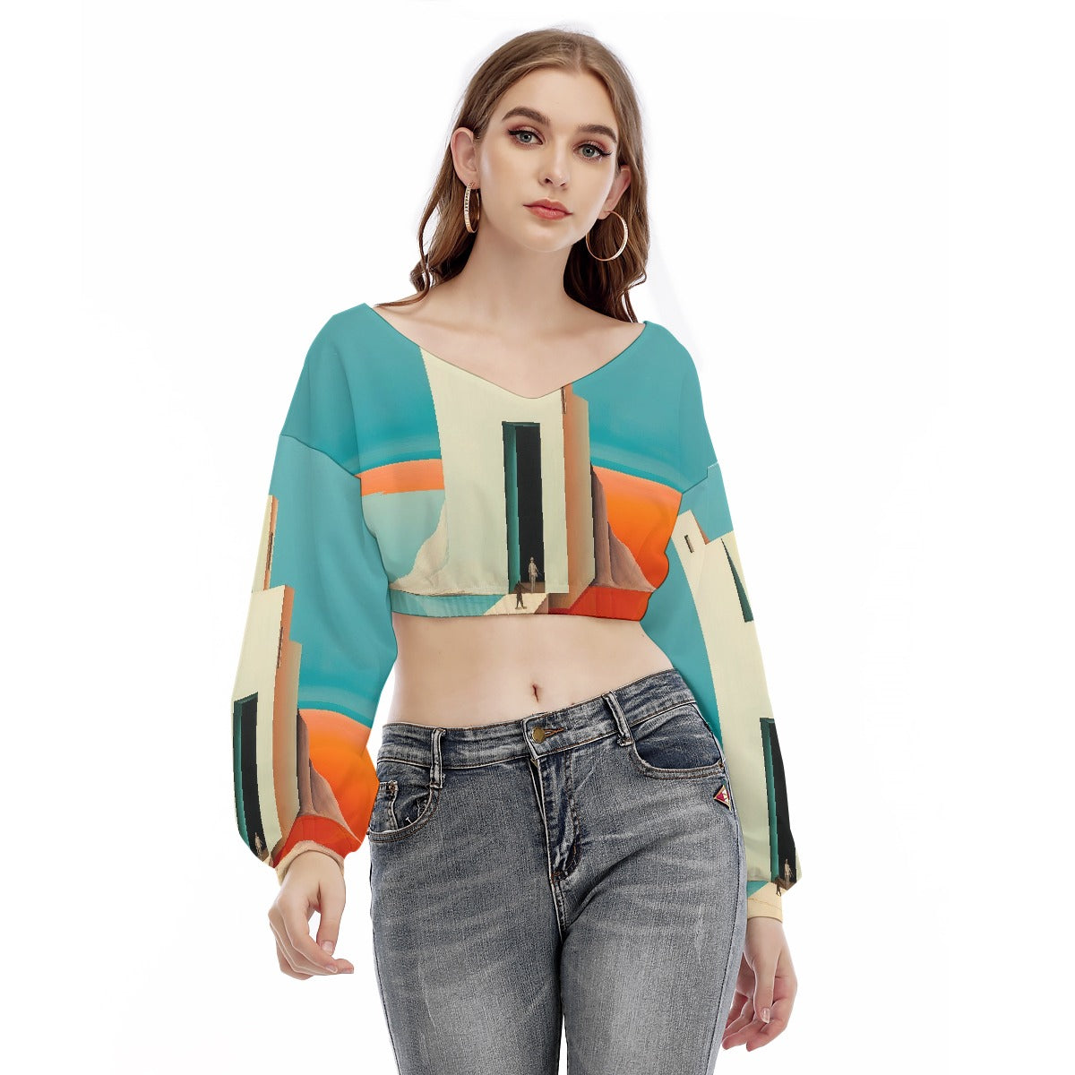 All-Over Print Women's V-neck Long Sleeve Cropped Sweatshirt
