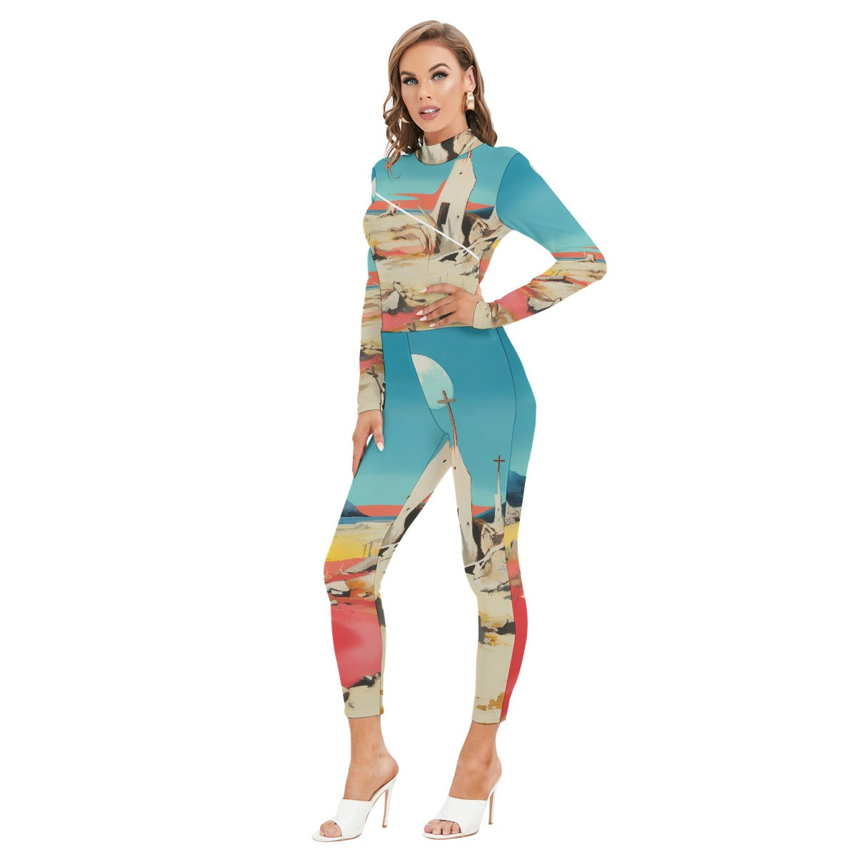 All-Over Print Women's Long-sleeved High-neck Jumpsuit With Zipper