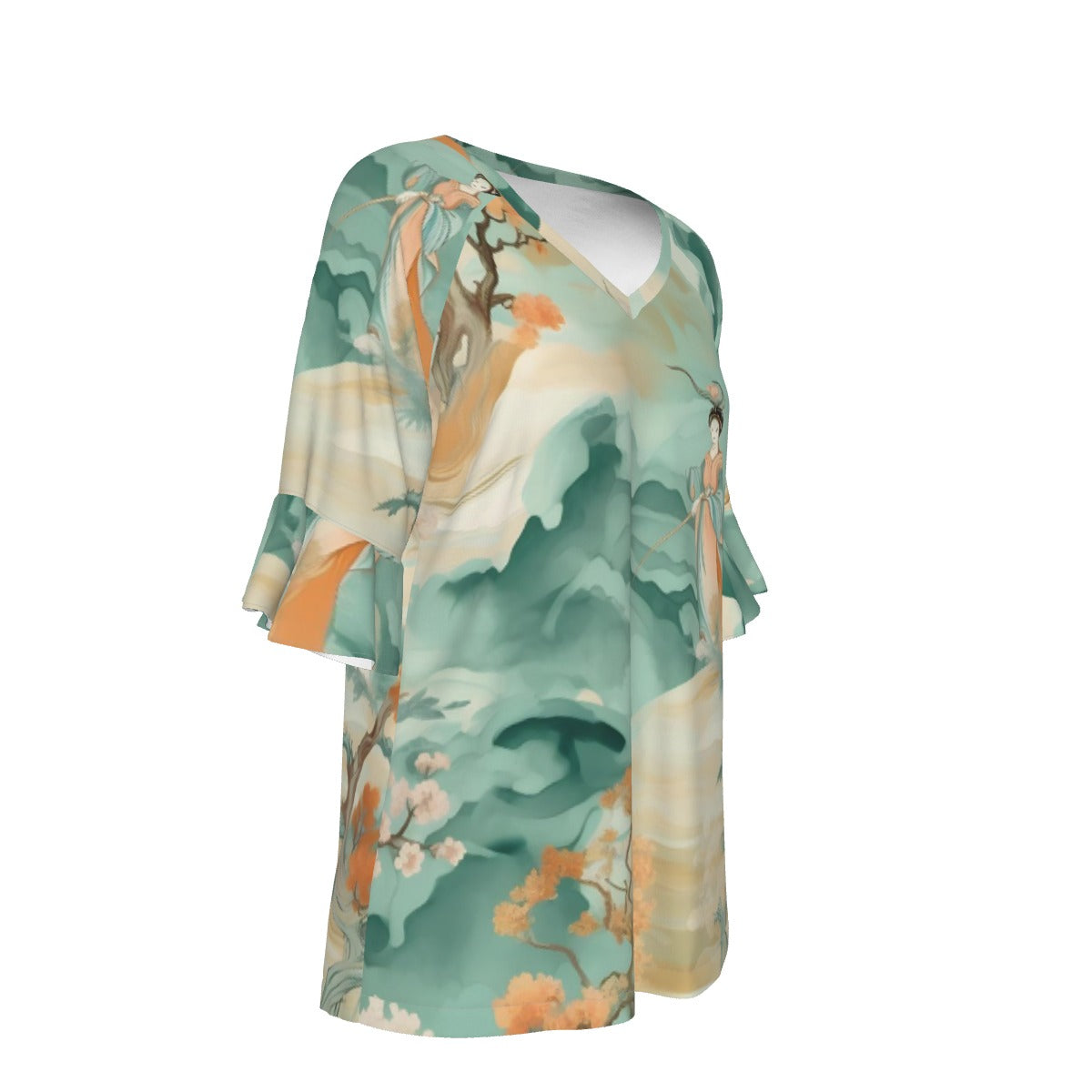 All-Over Print V-neck Women's T-shirt With Bell Sleeve