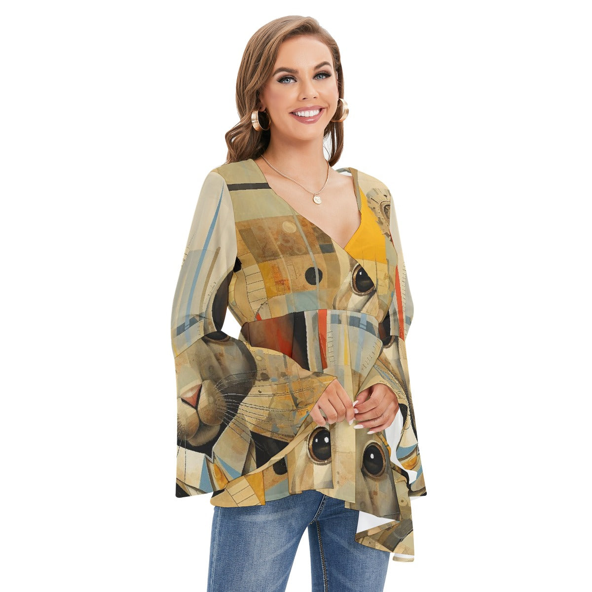 All-Over Print Women's V-neck Blouse With Flared Sleeves