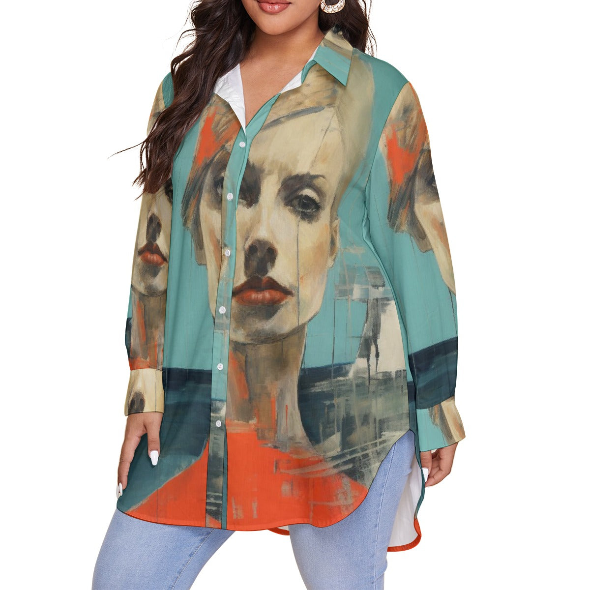 All-Over Print Women's Shirt With Long Sleeve(Plus Size)